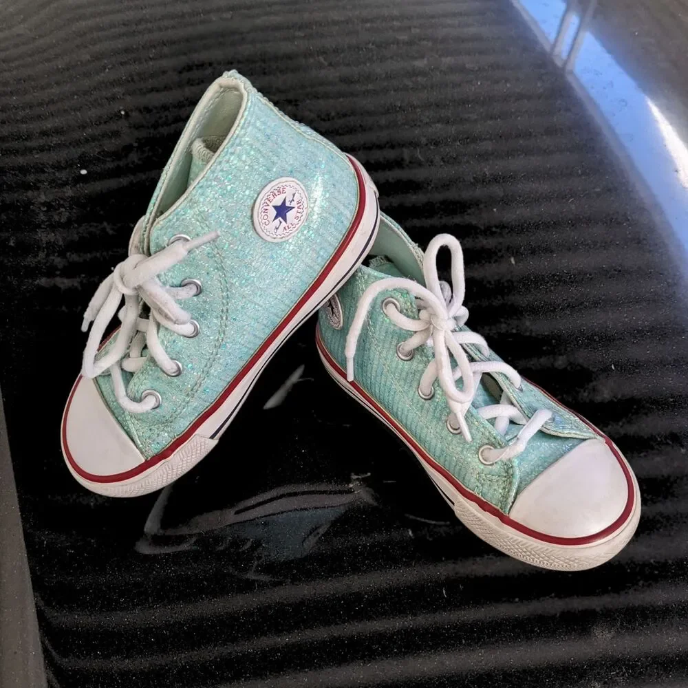 Girls Sz 10 Sequin Sparkle Seafoam Green Converse Chuck Taylor All Star Hi Tops